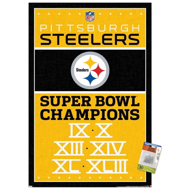 NFL Pittsburgh Steelers - Affiche Murale Champions 13, 22,375 Po x 34 Po Mettant en Vedette le logo des Steelers avec des Étoiles Jaunes, Rouges et Bleues, un Texte Audacieux des Pittsburgh Steelers et des Champions du Super Bowl, et des Chiffres Romains IX, x, XIII, XIV, TG, XLIII sur une Affiche Jaune et Noire Lustrée, Légère et Facile à Accrocher avec Supports Adhésifs.