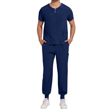 Mefallenssiah Scrubs for Men 2PC Set Solid Color Round-neck Pocket Caregiver Short Sleeved Shirt Elastic Pants Nurse Uniform Sets