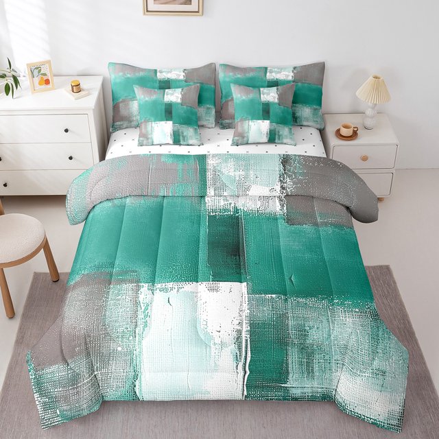 YST 7-Piece Queen Comforter Set, Light Green White Grey Gradient Aesthetic, Modern Abstract Design, Queen