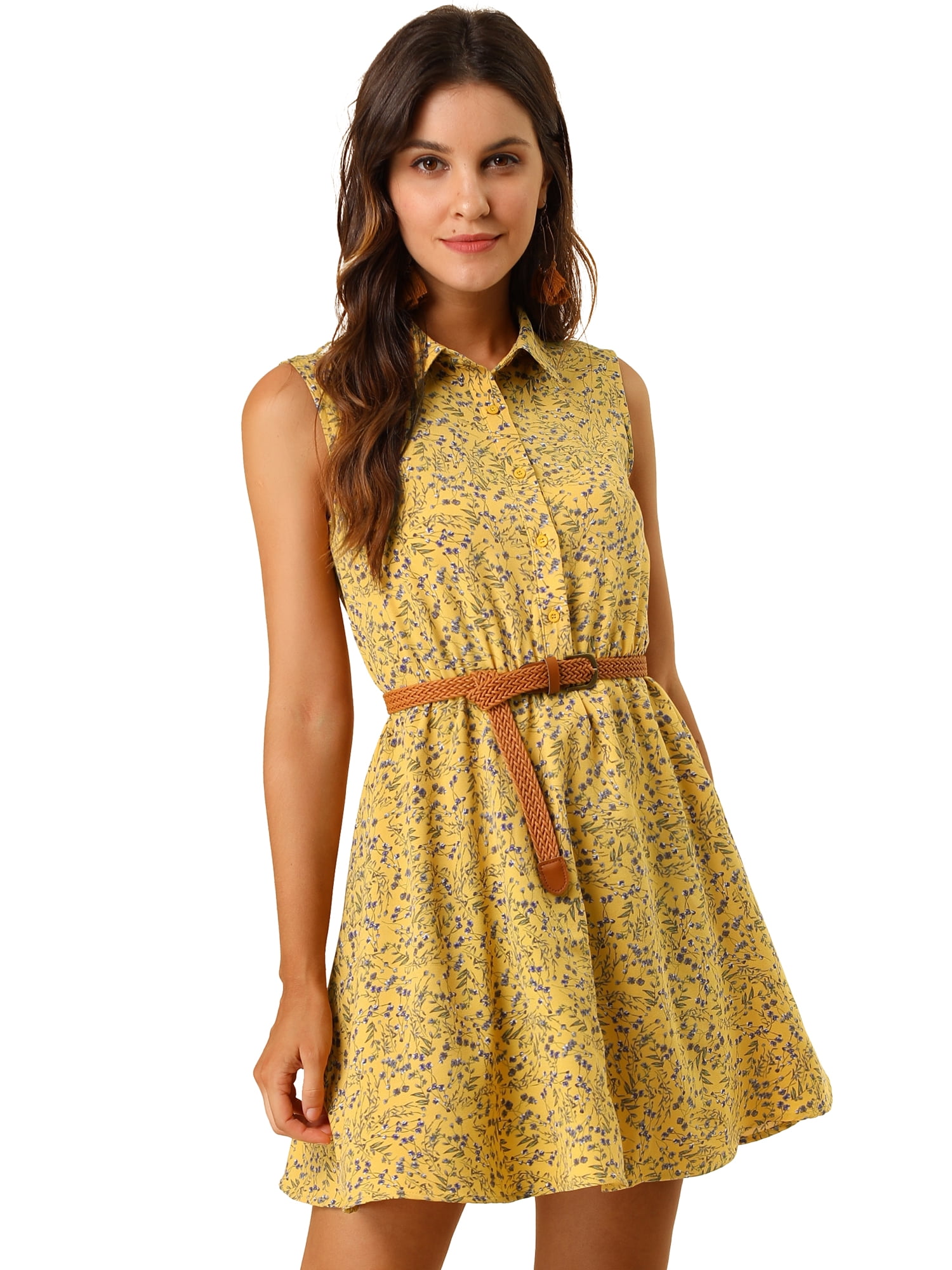 INSPIRE CHIC Women's Printed Half Placket Sleeveless Belted Dress