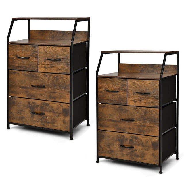 Gymax Commode 2 Pcs à 4 Tiroirs, Haute et Grand, Unité d'Organisation de Rangement avec Dessus en Bois, Bacs en Tissu