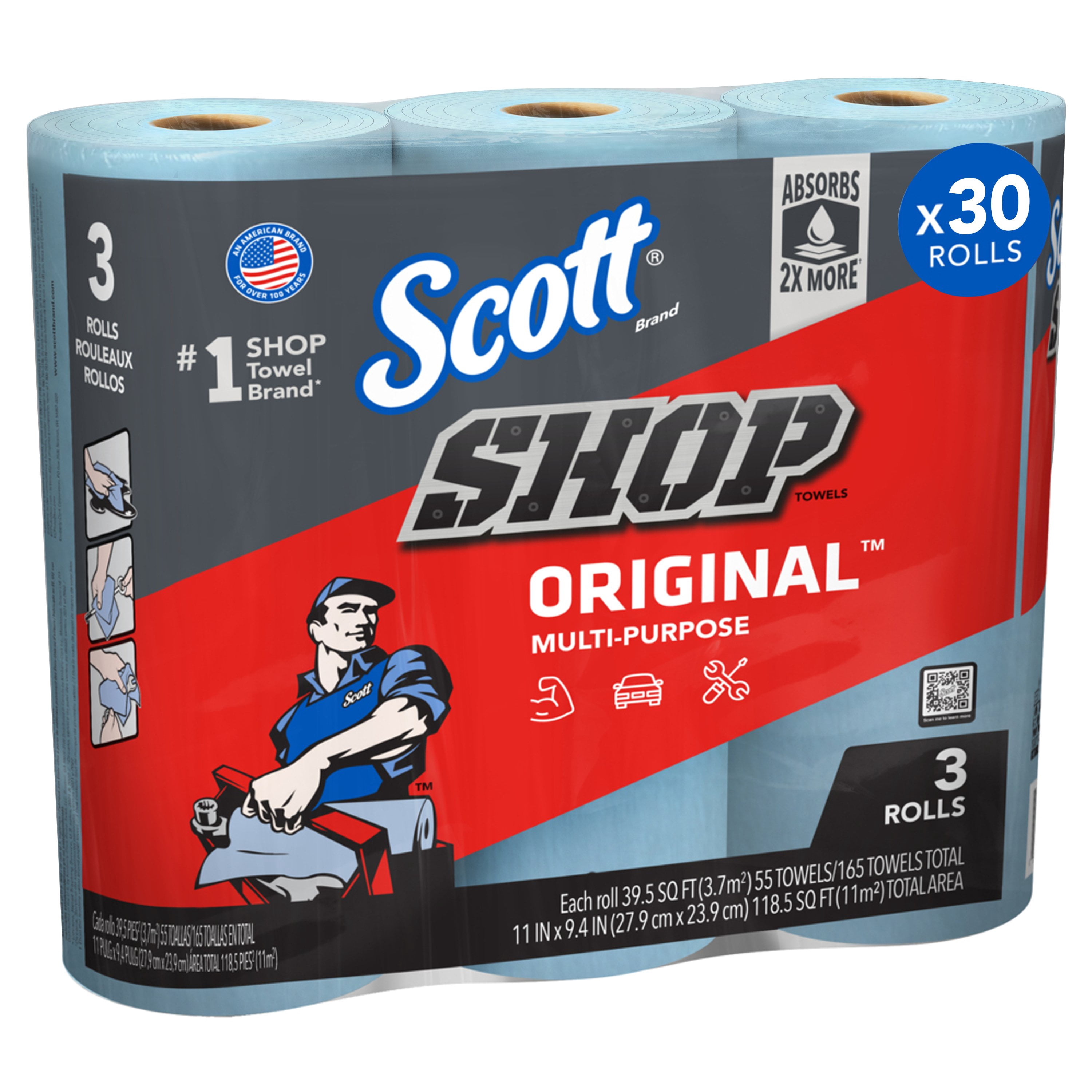 Scott 75143 Scott Shop Towels, Blue (3 Rolls, 55 Towels/Roll, 165 Towels Total)