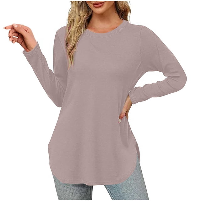 Yuyuzo Womens Tops Crew Neck Long Sleeve Side Split Solid Color Loose Casual Basic Fall Tunic Top
