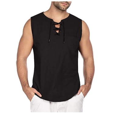 EGNMCR Débardeurs Homme, T-shirt Sans Manches pour Homme à Cordon, Couleur Unie en Coton et Lin, Cadeaux de la Fête des Pères