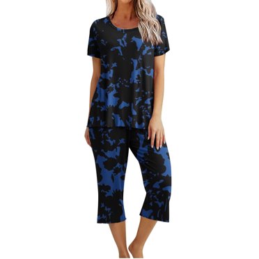 Ensemble de Pyjama pour Femmes à Imprimé, Col Rond, Manches Courtes, Chemise de Nuit et Pantalon, Tenue d'Intérieur avec Poches