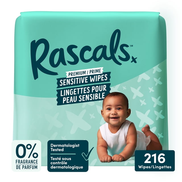 Rascals Premium Sensitive Alcohol Free Baby Wipes multipack with 216 wipes in a teal package featuring embossed cross patterns, dermatologist tested and fragrance-free formula for gentle cleaning of sensitive baby skin.