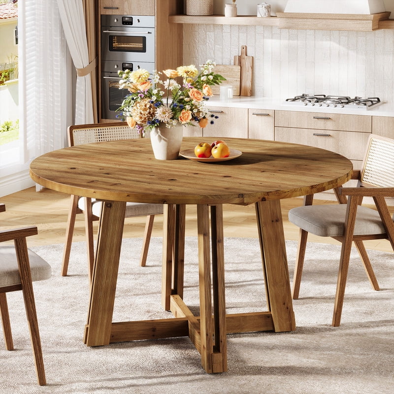 Tribesigns 47" Solid Wood Dining Table for 4-6, Round Kitchen Table with Wood Legs, Farmhouse Kitchen & Dining Room Furniture, Brown