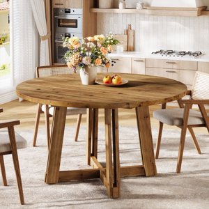 Tribesigns 47" Table à manger en bois massif pour 4-6, Table de cuisine ronde avec jambes en bois, Cuisine ferme & Meubles de salle à manger, Brown