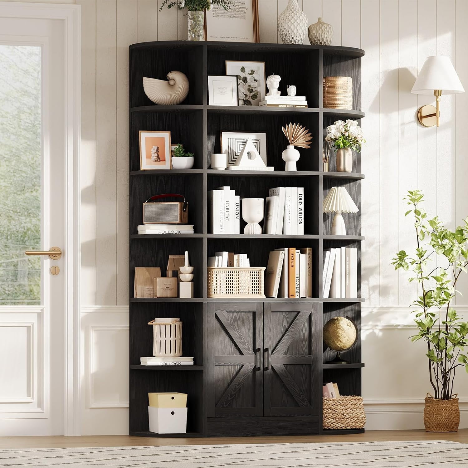 EastVita 6 Tier Tall Bookshelf with Storage, Modern Farmhouse Bookcase, Black