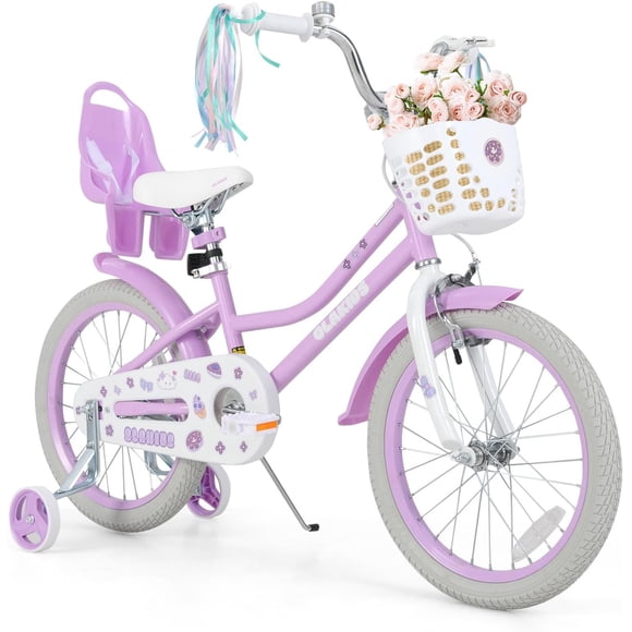 OLAKIDS 18 Inch Toddlers Bike with Training Wheels Doll Seat Basket Adjustable Seat and Handlebar, Handbrake and Coaster Brake, Children's Bicycle for Girls