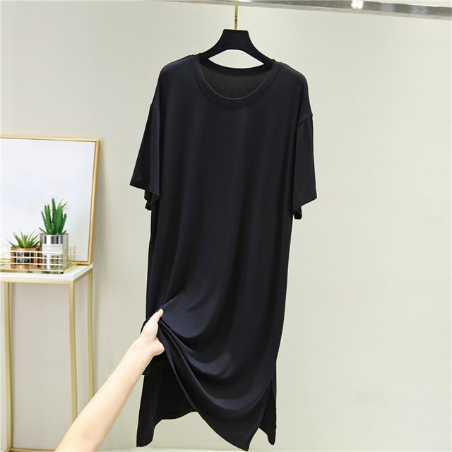 Pisexur Robe Mi-Mollet à Manches Courtes à Col Rond pour Femme, Vêtement d'Extérieur d'Été, Longueur Moyenne, Mince, Ample, Jupe à Col Rond avec Fente, Robe pour Femme, Robe