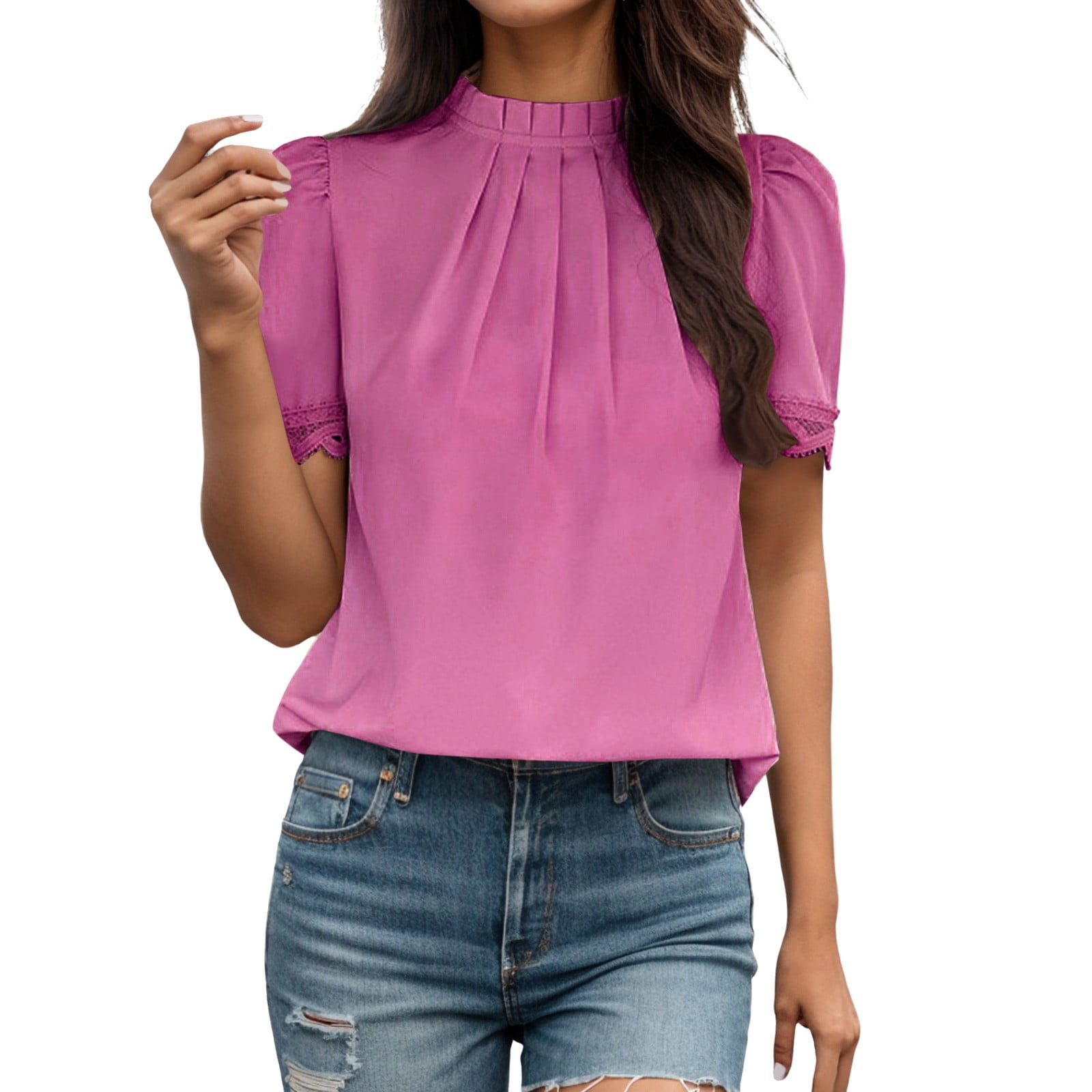 WEIYLL Womens Tshirt Solid Temperament Loose Short Sleeve Mock Neck Ruffles Pink Tees Sizes XL