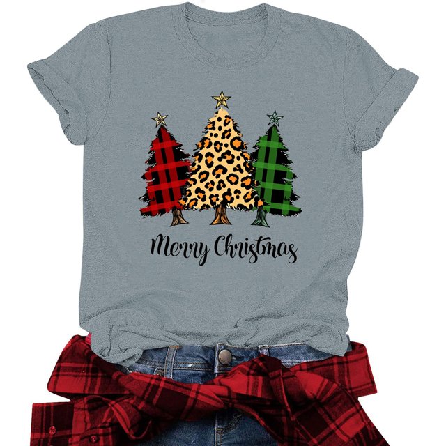 Jsaierl T-Shirts de Noël pour Femmes Mignons à Imprimé d'Arbre de Noël T-Shirts Décontractés à Col Rond Tunique Tenues de Festival Manches Courtes Hauts Cadeaux
