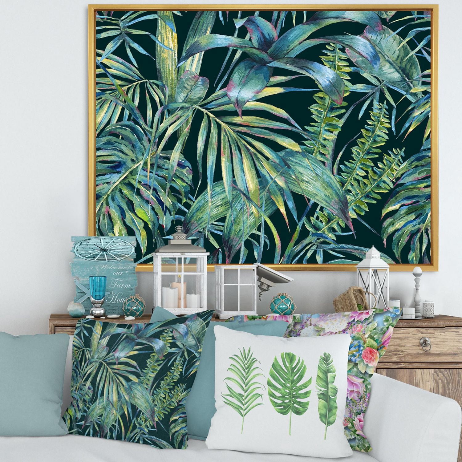 Designart Feuilles naturelles exotiques sur foncé I ART MURAL À CADRE FLOTTÉ