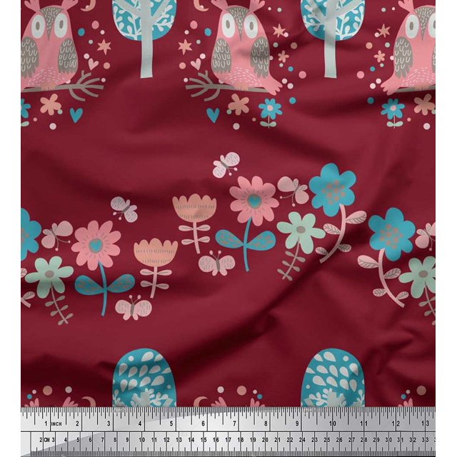 Soimoi Poly Crepe Fabric Floral,Tree & Owl Kids Printed Fabric 1 Yard 52 Inch Wide