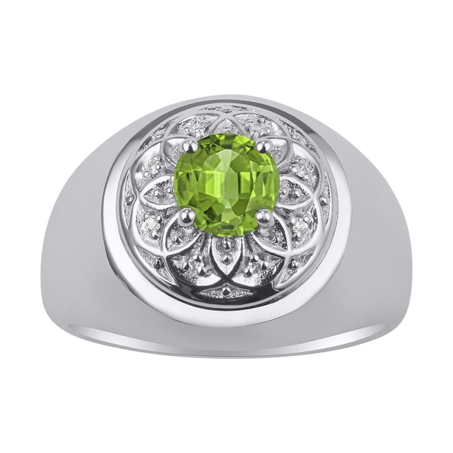 RYLOS Men's Rings 14K White Gold Designer Gypsy 7MM Round Gemstone & Diamond Ring Peridot August Birthstone Rings Size 13