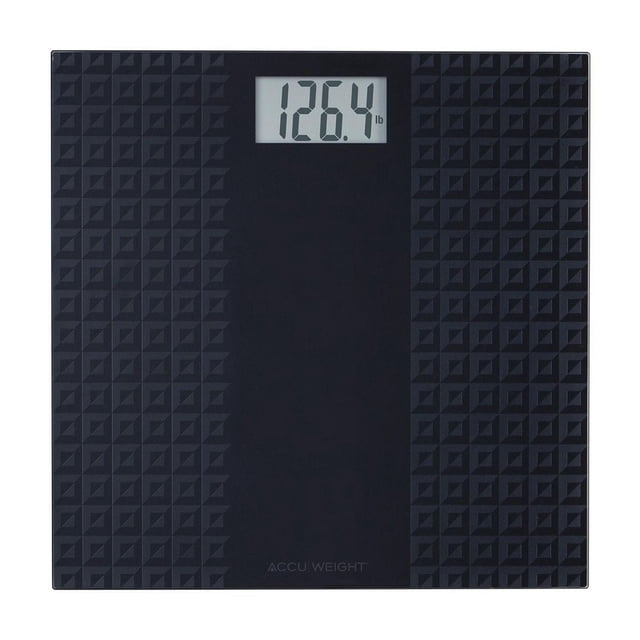Accuweight 400 lb Digital Glass Scale in Black with an 11.8-inch tempered glass platform featuring a tone-on-tone symmetrical pattern, a 2.9 by 1.5-inch LCD display showing 126.4 lb, and an auto step-on feature for instant weight readings, suitable for bathroom use and accurate personal weight tracking.