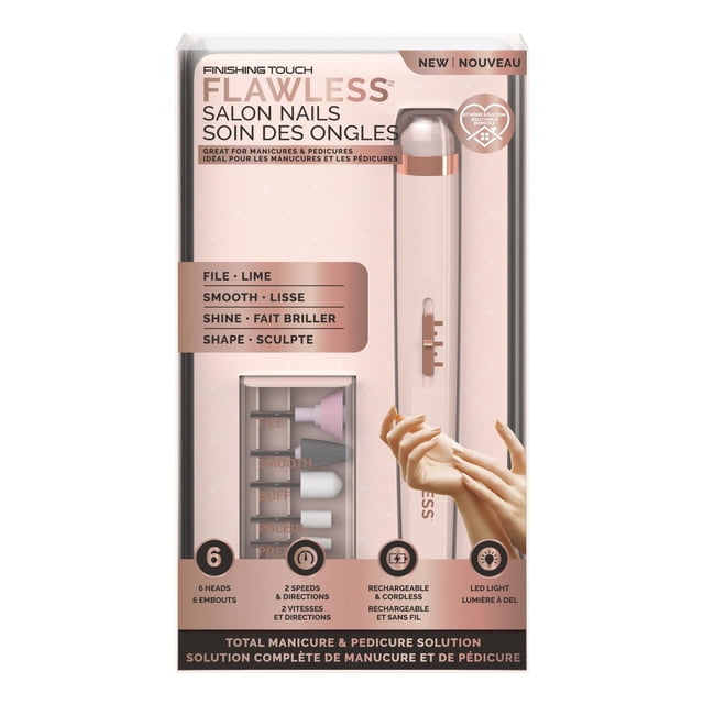 Finishing Touch Flawless™ Salon Nails electric nail file in rose gold and white, with six interchangeable heads for filing, smoothing, buffing, polishing, and shaping nails, featuring two speeds and directions, rechargeable cordless design, and LED light for detailed home manicure and pedicure care.