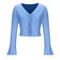 thumbnail image 4 of Plebaso Women's Spring Summer Tops Crop Bell Long Sleeve Ribbed Shirts V Neck Drawstring Casual Knit Tee, 4 of 6