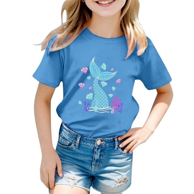 T-shirts pour Filles, Imprimé Graphique Océan Mignon, Manches Courtes, Hauts Amples, Bleu 3-4 Ans