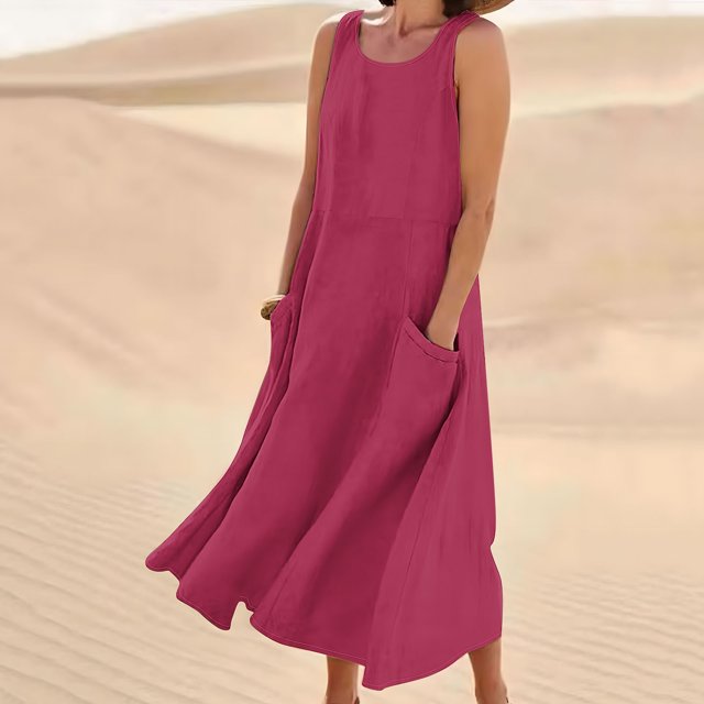 Jsaierl Robes d'Été pour Femmes 2024 Robe Sans Manches en Coton et Lin Robe Décontractée de Couleur Unie Robe à Col en V Coupe Ample Longues Robes