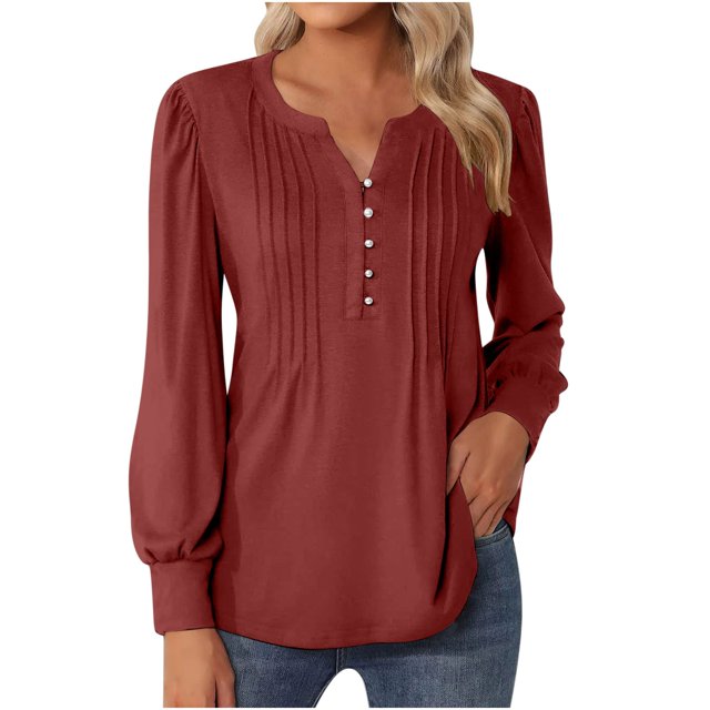 FAIWAD Women's V Neck Long Sleeve Tunic Tops Pleated Layered Button Down Slim Pullover Tops
