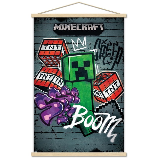 Minecraft - Creeper Do Not Enter Wall Poster, 22.375" x 34", depicting a centered pixelated green Creeper with black face, surrounded by red TNT blocks labeled 'TNT' and graffiti-style purple and white 'Boom' text on a dark gray brick wall background, printed on glossy paper with adhesive mounts for easy hanging, suitable for bedroom or office wall decor.