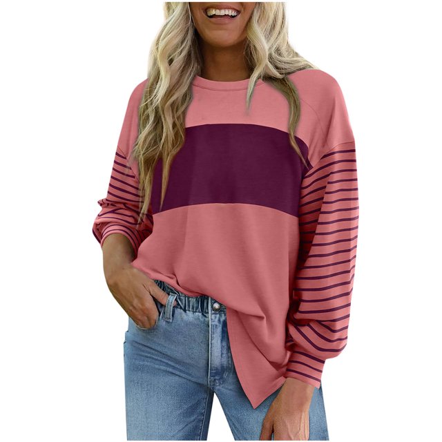 Amzcrzy Chandail en Molleton Femme Col Rond Manches Longues T-Shirts Décontractés Tunique à Rayures Blocs de Couleur Basiques