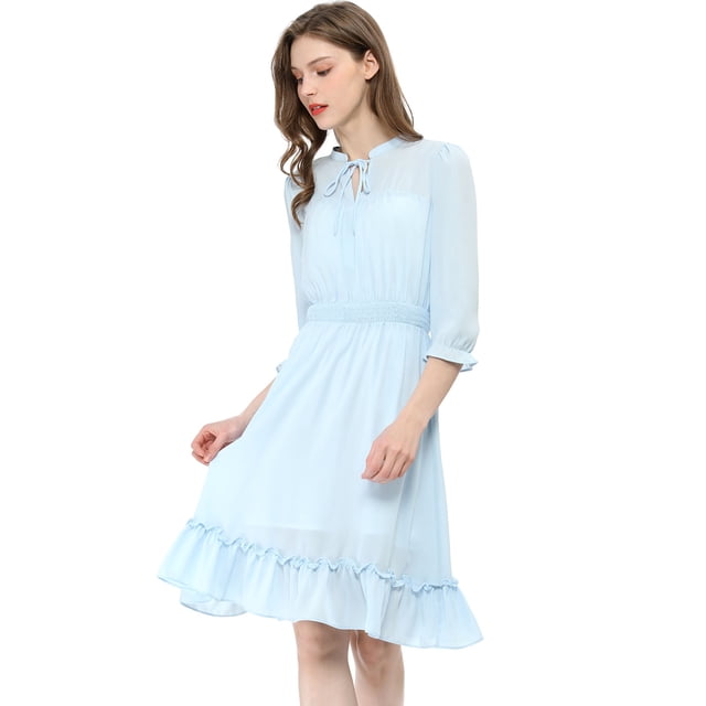 INSPIRE CHIC Women's Ruffle Hem 3/4 Sleeve Smocked a-Line Dress