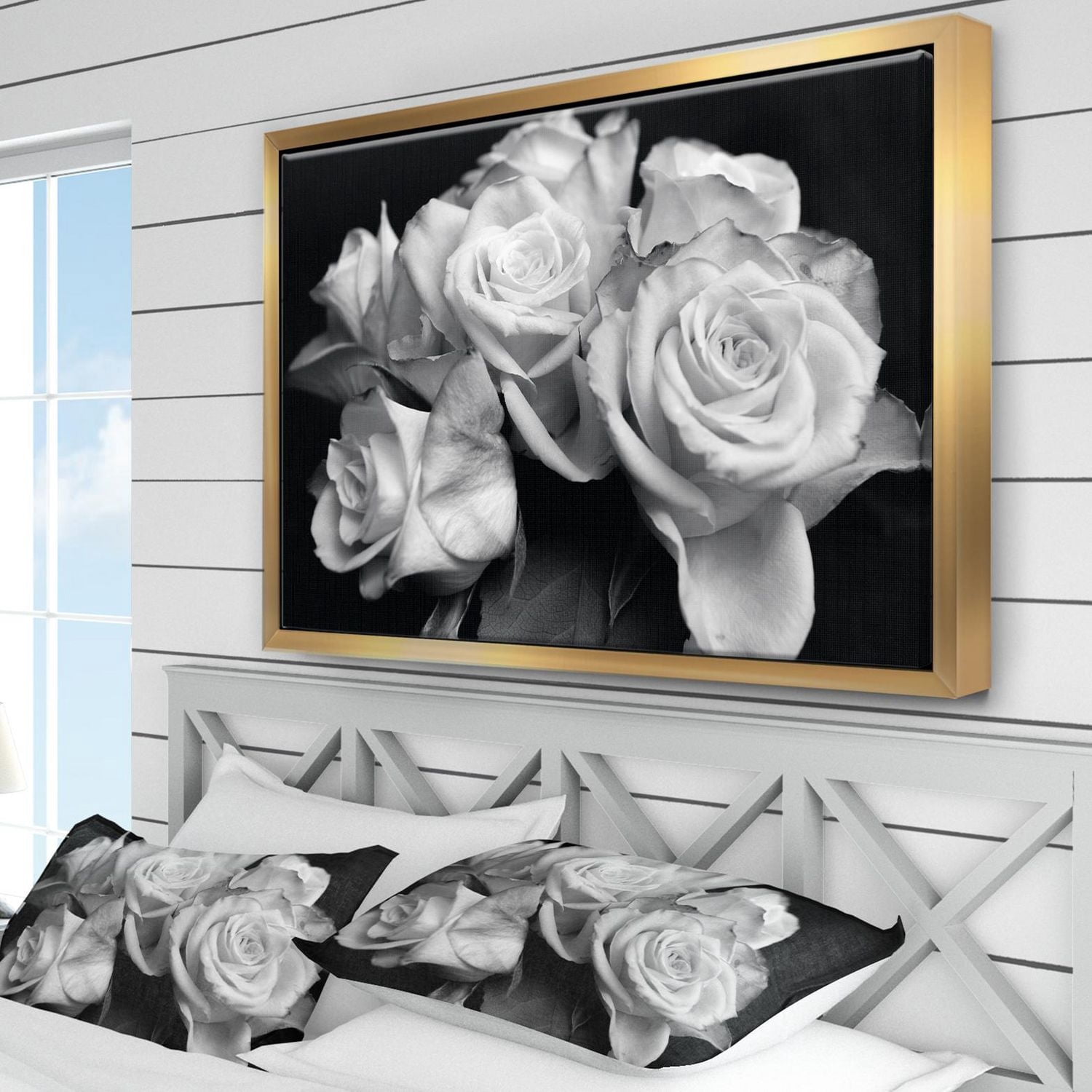 Designart Bunch of Roses Black and White FLOAT FRAME WALL ART