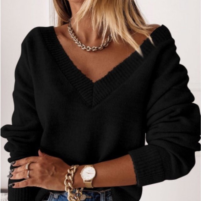 Mode Femmes Couleur Unie Manches Longues Pull Col en V Chemise Pull Tops