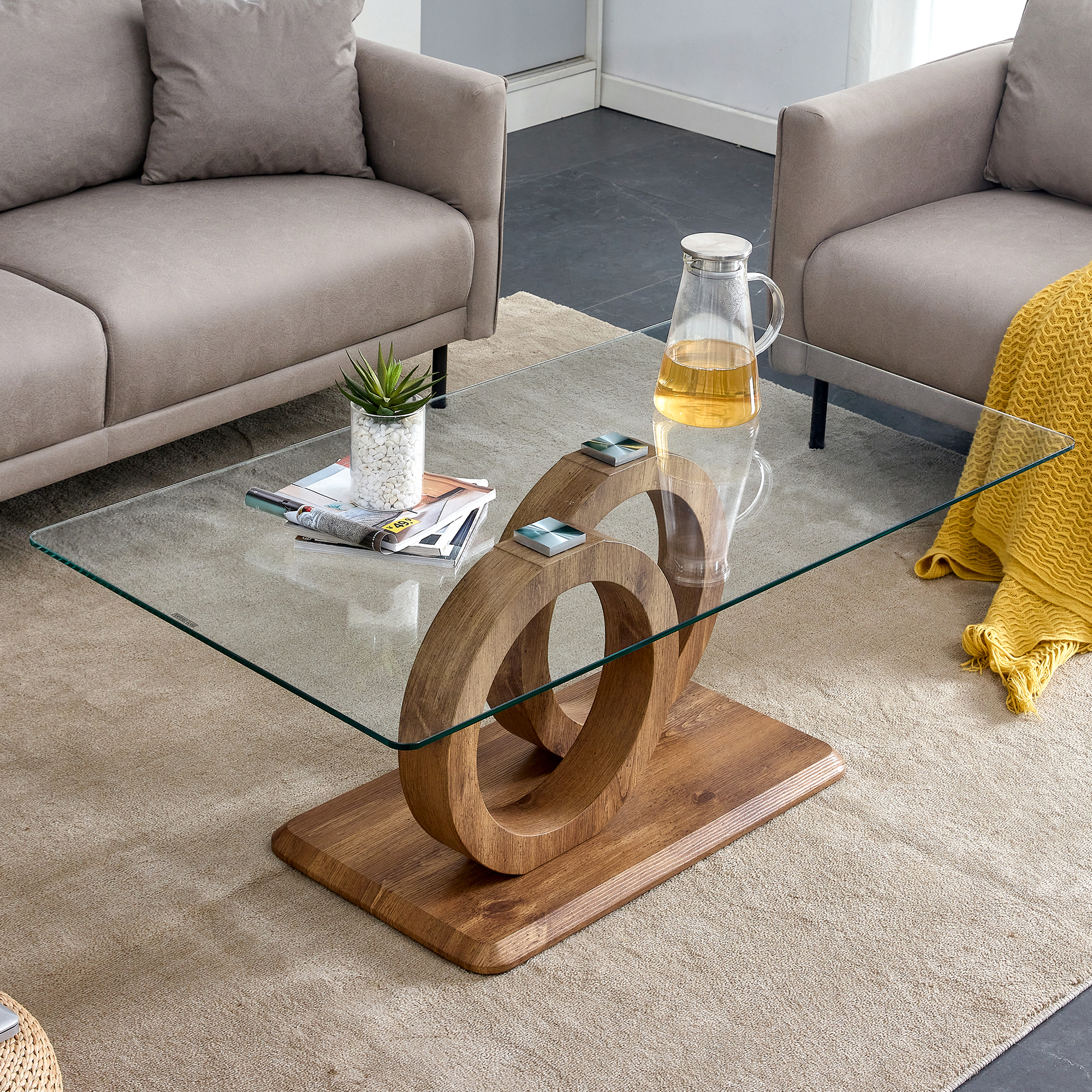 Table basse Noble House en forme de O à double anneau entrelacé, piètement en MDF grain de bois, naturel