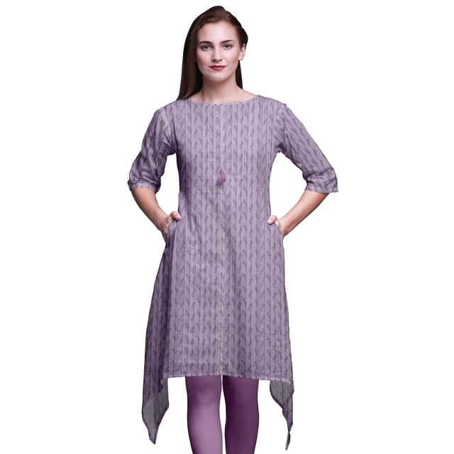 Bimba Kurti Asymétrique à Imprimé de Feuilles de Phoque Violettes pour Femmes, Robe d'Été Indienne Tunique, Très Grand