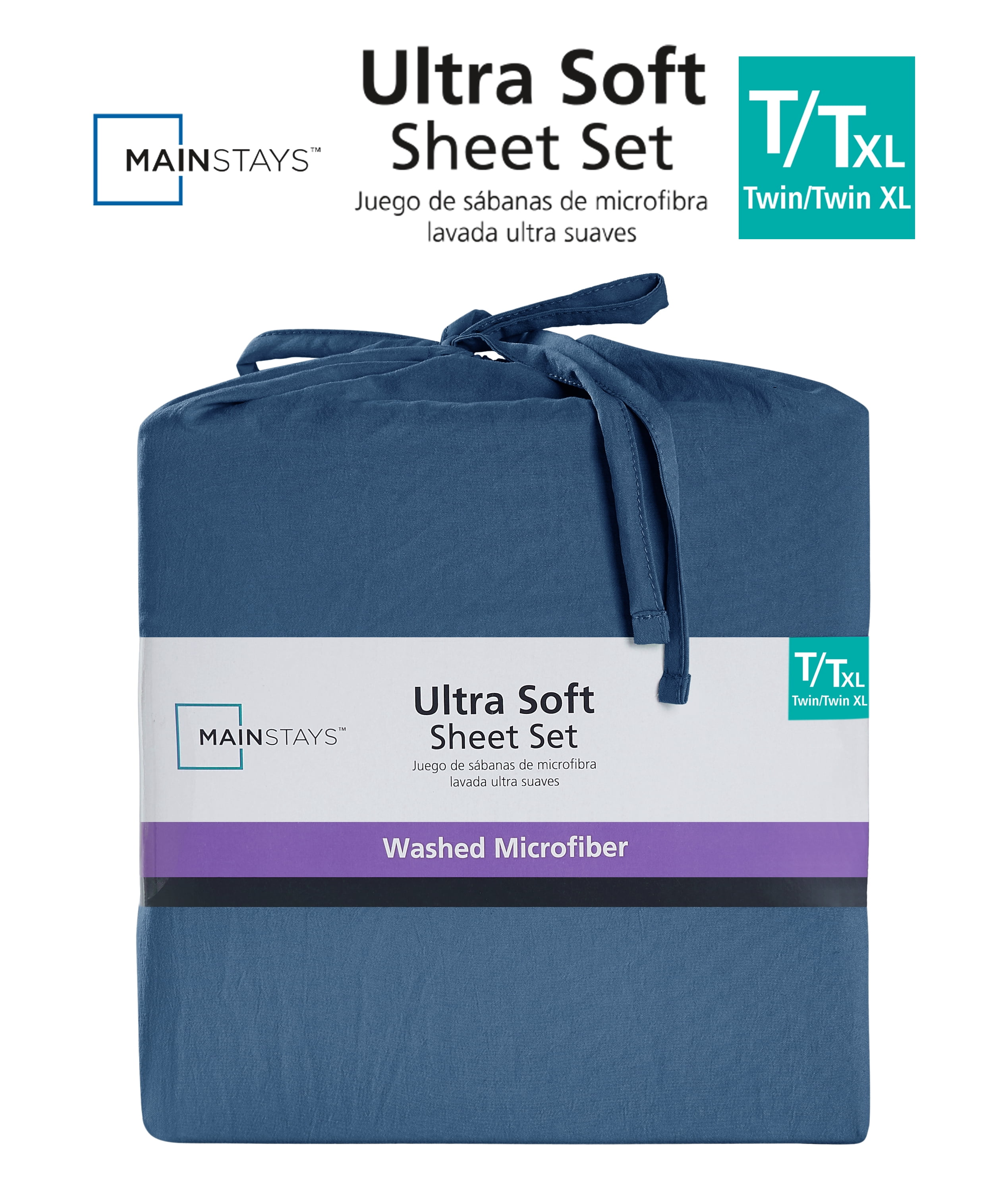 Mainstays Ensemble de draps en microfibre lavée ultra douce, Tres Grand Lit, Indigo Lavé, 4 pièces.
