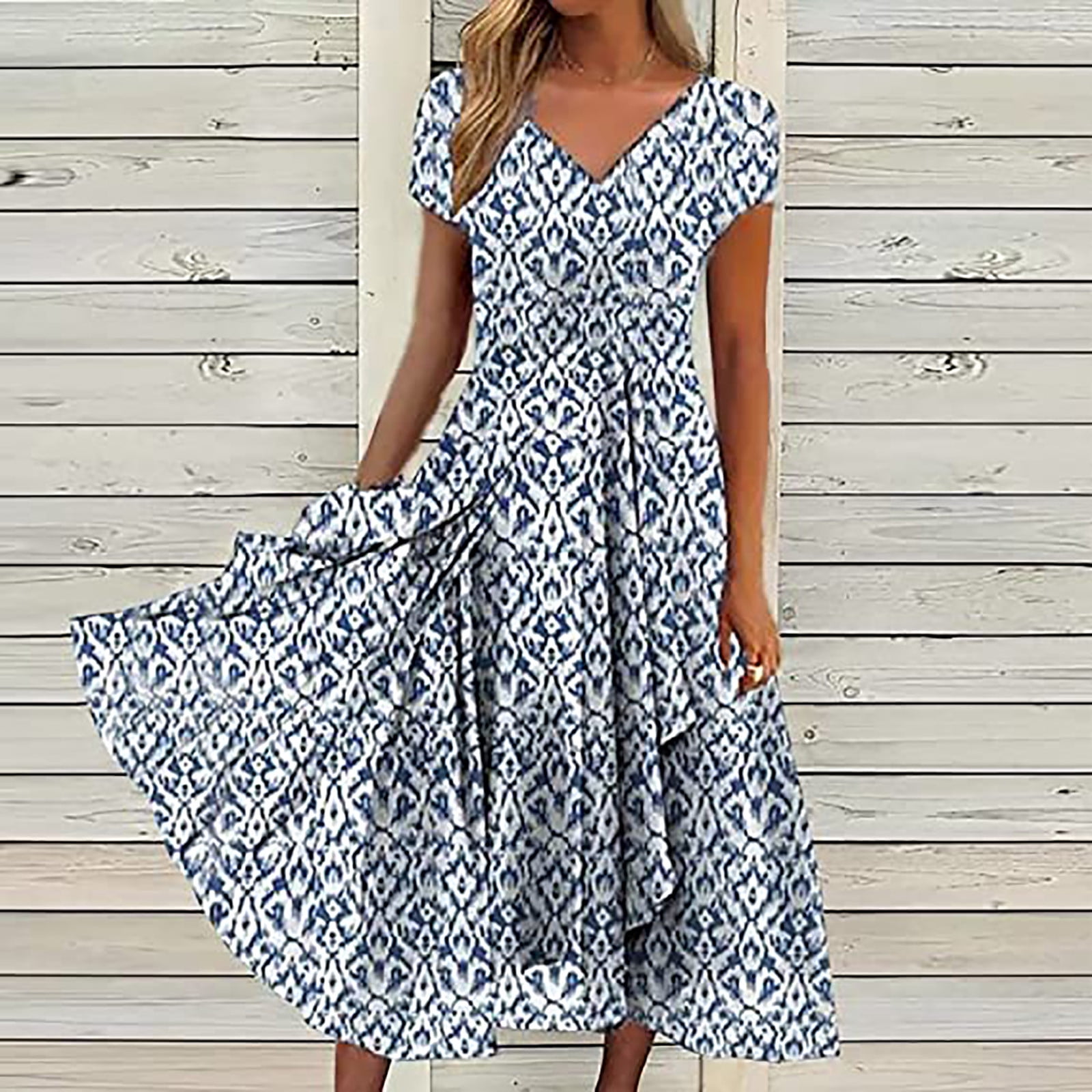 Robes d'Été Grande Taille pour Femmes 2024 pour Imprimé Floral Manches Courtes Robe à Col en V Robes Plissées Fluides Économisez jusqu'à 65 % de Rabais!