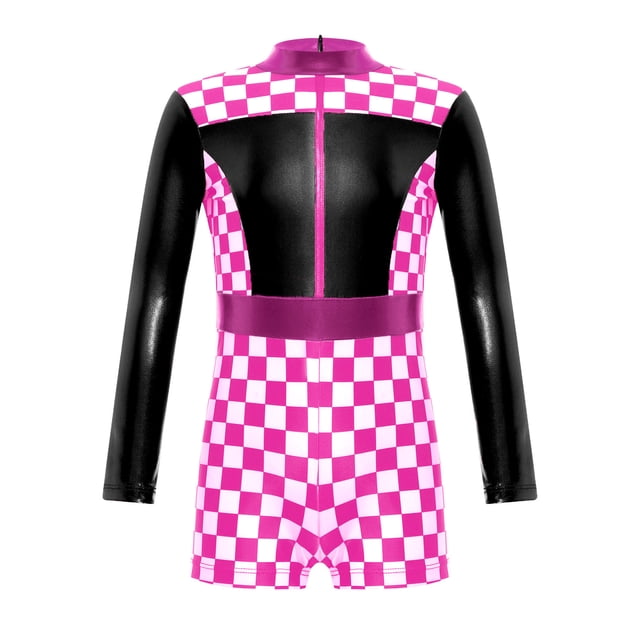 Hansber Girls Race Car Driver Unitard Halloween Kids Racer Short Jumpsuit Checkerboard Print Leotard Black 6