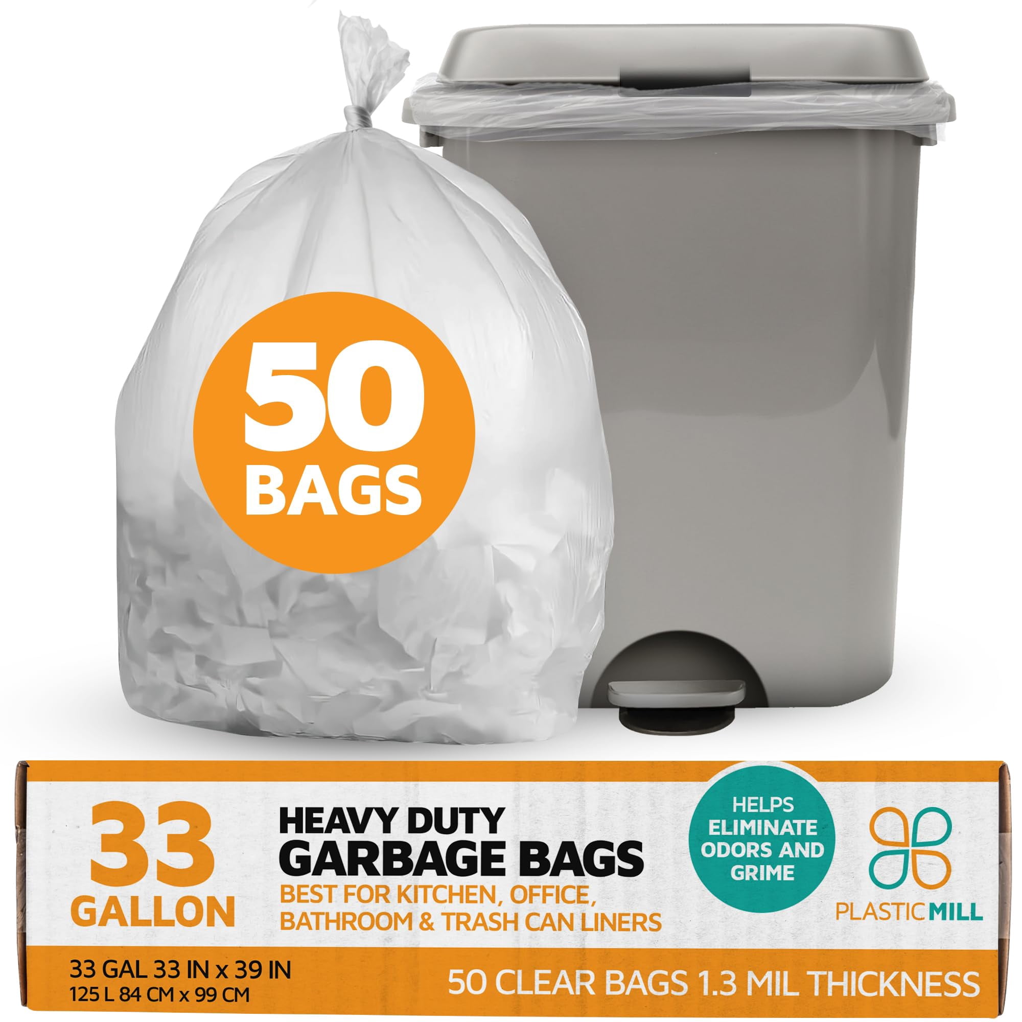 PlasticMill Heavy Duty Trash Bags - Clear Garbage Bags - Plastic Trash Bags - Tall Trash Bags, Trash Can Liners - 33-Gallon Large Kitchen Trash Bags, 1.3 Mil, 33"x39" (50-Count)