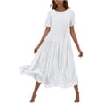 thumbnail image 3 of Sentmoon Short Sleeve Dress for Women Crew Neck Flowy Dress 2026 Summer Solid Color Regular Fit Stretchy Formal Elegant Dresses for Women for Work and Weekend White S, 3 of 7