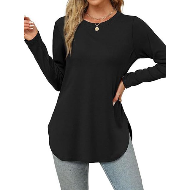 Haut Tunique Ample Basique à Manches Longues à Col Rond pour Femme, Décontracté, Noir, TG