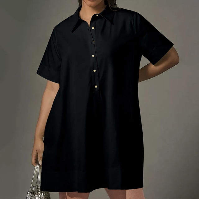 Jusqu'à 65 % de Rabais! Robes d'Été Mode pour Femmes 2024 Grande Taille Printemps/ Décontracté Ample à Manches Courtes Bouton Poche Robe-Chemise