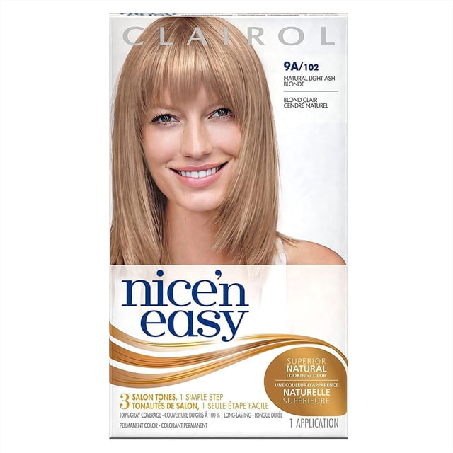 Nice'n Easy Classic Boîte de Coloration Capillaire Permanente Montrant une Teinte Blond Cendré Clair Naturel 9A/102 avec des Cheveux Lisses Longueur Épaule en Trois Tons de salon Mélangés, Offrant une Couverture de 100 % des Cheveux Gris et une Couleur d'Apparence Naturelle Longue Durée en une Seule application.