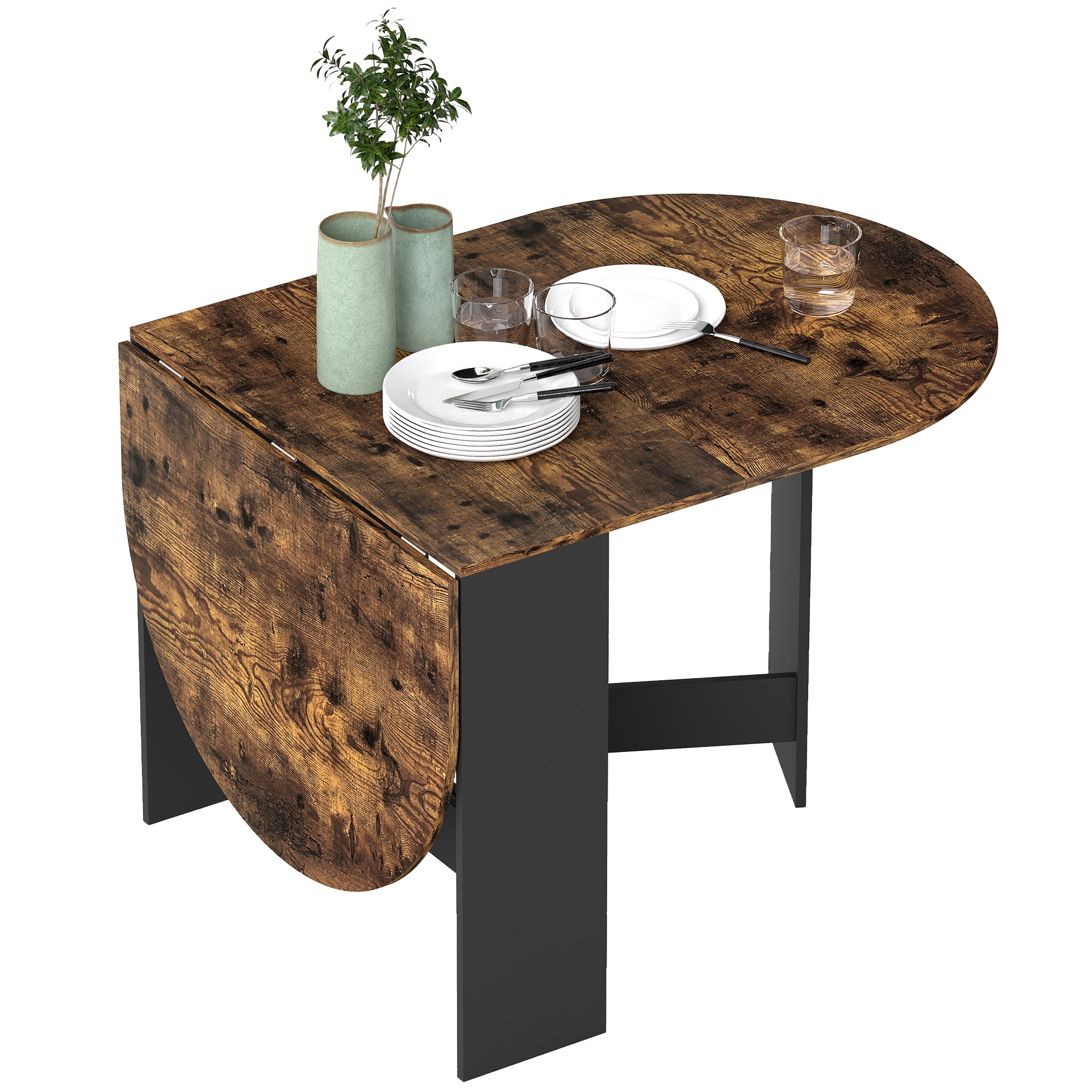 CoSoTower Oval Folding Dining Table, Space Saving Drop Leaf Kitchen Table for Dining Room, Living Room, Rustic Brown