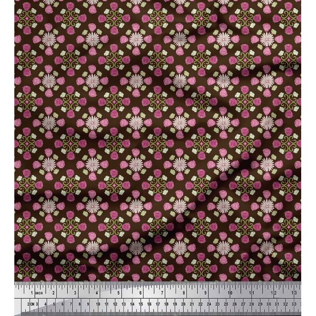 Soimoi Brown Poly Georgette Fabric Aster & Roses Damask Print Sewing Fabric Yard 42 Inch Wide