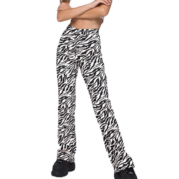 ZAXARRA Women Zebra Print Long Pant High Waist Trousers Elastic Wide Leg Pants