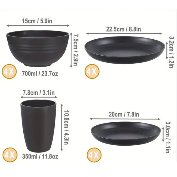 Herunwer 16-Piece Household Plastic Tableware Set, Durable Bowls, Plates, and Cups for Daily Dining