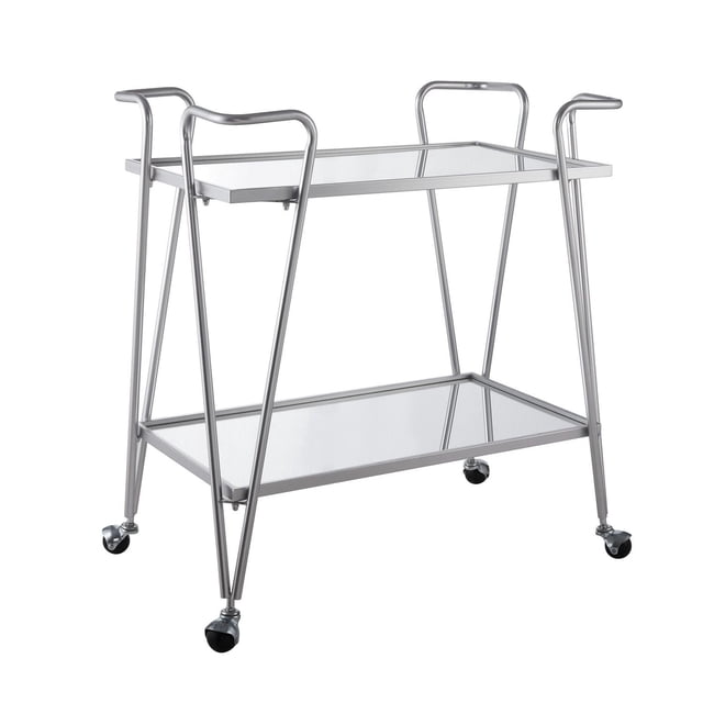 Putnam Silver Mid-Century Bar Cart with a powder-coated tubular steel frame in silver, two mirrored shelves framed in silver metal trays measuring 30 by 17.75 inches each, four locking caster wheels for easy mobility and stability, suitable for bar or meal service and displaying items.