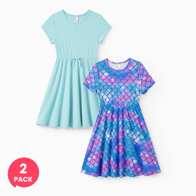 PatPat 2-Pack Toddler/Kid Girl Printed & Solid Causal Dress