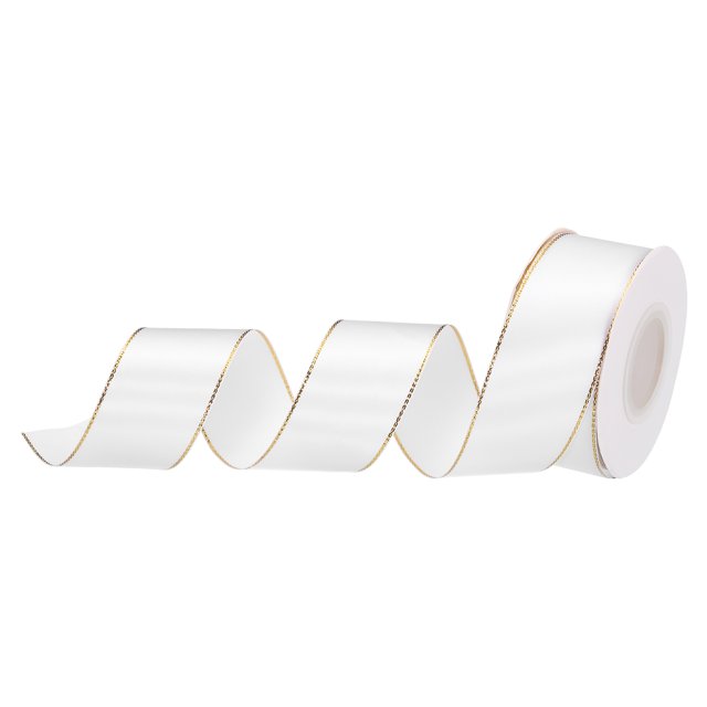 Unique Bargains 1 1/2 Inch 25 Yard Wide Satin Ribbon with Gold Edges Grosgrain Fabric Ribbon for Gift Wrapping, White. This ribbon features a bright white satin finish with elegant gold edges, measuring 1 1/2 inches in width and 25 yards in length. Ideal for gift wrapping, wedding decorations, floral arrangements, DIY crafts, and holiday decor. The soft and durable material ensures a comfortable touch and long-lasting use.