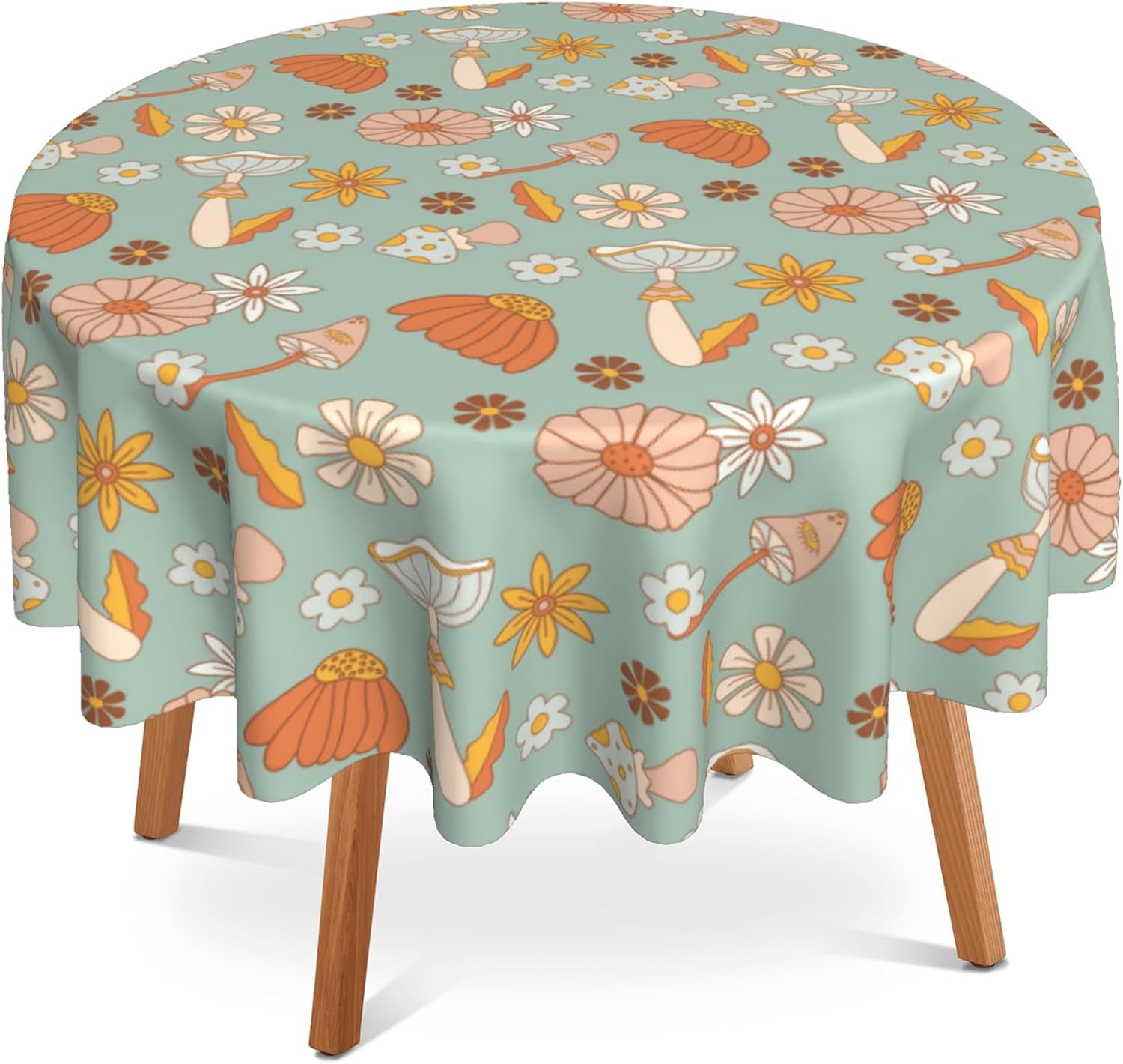 Nappe Ronde Champignons 60 Pouces, Fleurs Hippie Groovy Nappe Ronde Polyester Imperméable Anti-Rides pour Décoration Maison Cuisine Salle à Manger Patio Extérieur