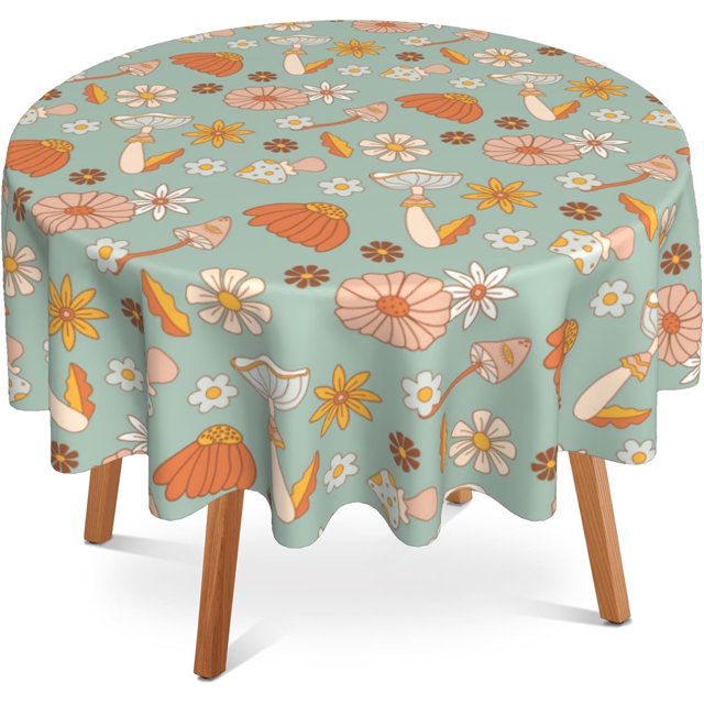 Mushrooms Round Tablecloth 60 inch,Groovy Hippie Flowers Circle Table Cloth Polyester Waterproof Stain Wrinkle Free Table Cover for Home Kitchen Dining Party Pinic Patio Outdoor Decor